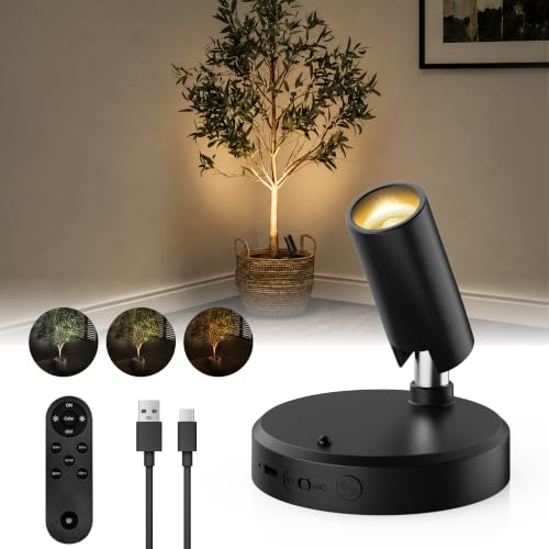 EZVALO 5500mAh Rechargeable Spot Lights Indoor, Wireless LED Spotlight | Plant, Picture, Art & Display Lighting, Battery Operated, Stick-On, Remote & Timer, Dimmable, 3 CCT, Uplighting Effect, Black