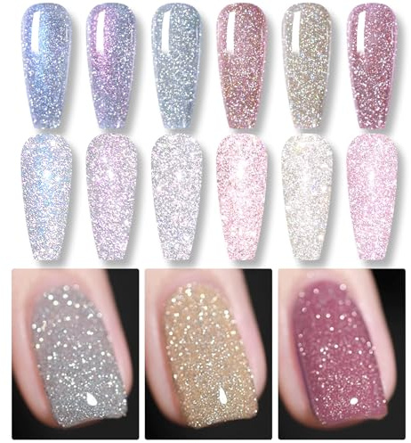 BORN PRETTY Reflective Glitter Gel Polish Set 6 Colours | Sparkling reflective finish with UV LED soak off formula, ideal for nail art, salon manicure and DIY designs