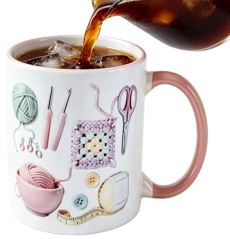 Arroopu Knitting and Sewing Tools Mug, 330ml Crocheting Women Coffee Cup, Love Crocheting Personalized Accent Mug, Ceramic Drinking Mugs, Knitting & Yarn Lover Present for Birthday Festival