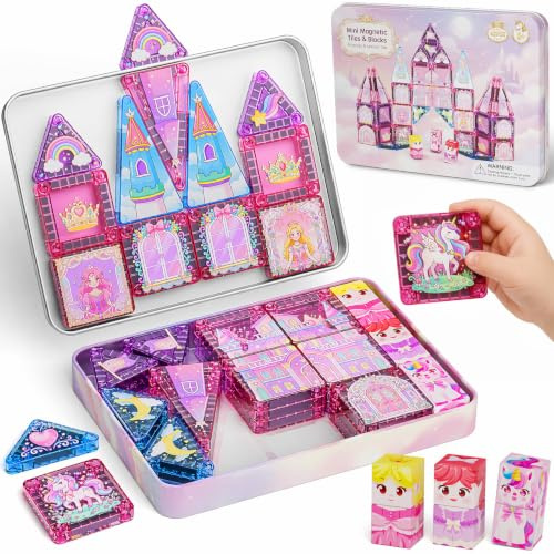 Travel Magnetic Tiles Girls: 42pcs Unicorn Tin Case Building Set Gift | Screen-Free Magical Princess Fun on Car Trips - 408g Featherlight Tin Lid as Build Base 45+ Min Quiet for Girls Ages 3+