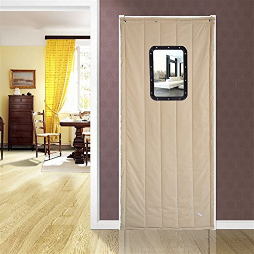 Icegrey Wärmeschutzvorhang mit Fenster Für Tür Isolier Schutz Panel-Isolierung Thermovorhang Verdunklungsgardine Wasserdicht Winddicht Geräuschisolierung Khaki 120 x 220cm (Fenster:30x40cm)