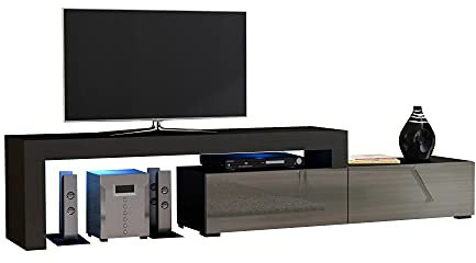 Erweiterbar TV Schrank Lowboard Fernsehtisch 148cm-280cm - Hochglanz Türen - LED (Schwarz Matt + Grau Hochglanz)