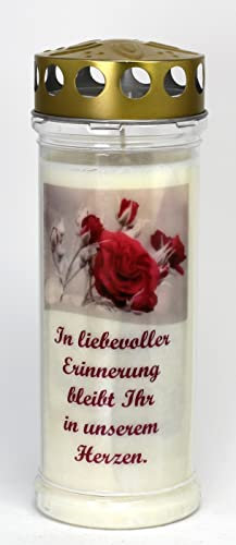 Grabkerze mit Spruch und Motiv Rose, (21x7,5 cm) Grablicht mit 7 Tage Brenndauer (3748), Wetterfestes Trauerlicht mit Deckel, Edle Gedenkkerze aus Deutschland