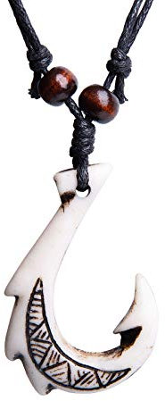 Scddboy Hawaiian Fish Hook Pendant Hemp Cord Adjustable Chain - Maori Tribal Necklace white