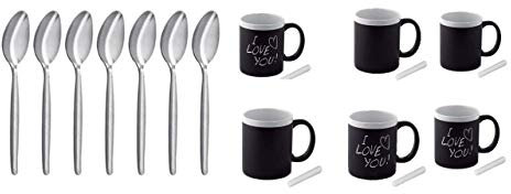 James Premium Tasse mit Henkel 6er Set Becher Cup 300ml mit Kreide beschriftbar + Kaffeelöffel aus Edelstahl