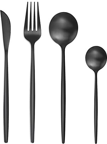 Bestdin set couverts de table 6 personnes noir, ensemble de couverts inox 24 pièces, Comprend des couteaux/fourchettes/cuillères, fini mat et lavable au lave-vaisselle, facile à nettoyer