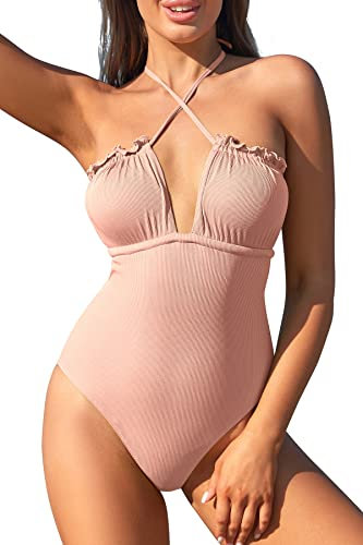 SHEKINI Donna Costume da Bagno Intero Regolabili Cross Ties-up Halter Costumi Interi Elegante Backless Monokini Beachwear(S,Rosa)