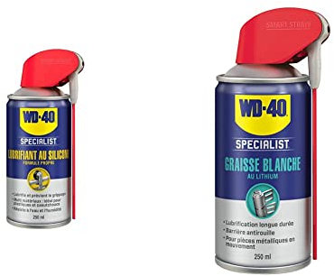 WD-40 Specialist Lubrifiant Au Silicone Spray Double Position Formule Propre 250 ML & Graisse Blanche Au Lithium Spray Double Position Formule Blanche Et Épaisse 250 ML Gris