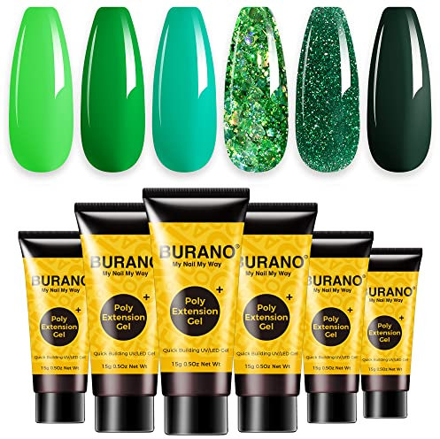 BURANO Poly Extension Gel Nail Kit, 6 Colors Nail Poly Nails Builder Gel Set for Beginner & Professional Using, Poly Nail Gel Kits DIY Starter Kit Nail Art Gift (green)