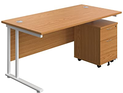 Office Hippo Heavy Duty Rectangular Cantilever Office Desk, Home Office Desk With 2 Drawer Lockable Mobile Pedestal Filing Cabinet, File Cabinet, 5 Yr Wty, White Frame, Oak, 160 x 80 cm