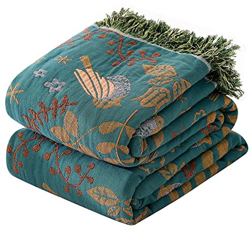 HOORDRY Cotton Bed Throw with Tassels,Double-sided Bohemian throws for sofas,150x200CM(60×80In) Woven Warm Blanket for single Sofa, Bedspread and Settee Couch Travel,Green/White