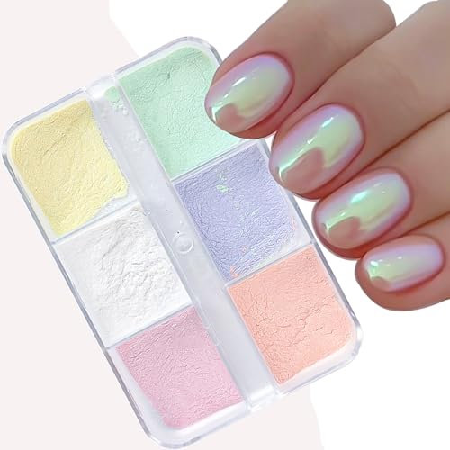 Chrome Nail Powder,1Box 6Grids Mermaid Neon Nail Art Pigment Powder Set,Holographic Magic Mirror Effect Nail Glitter Powder for Nail Art Design Decoration