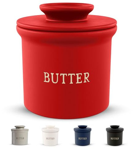 Kook Butter Crock with Lid, Soft Spreadable Butter, Ceramic French Butter Keeper to Leave On Counter with Water Line, Butter Dish, Home and Kitchen Decor (Matte Red, 12.4)
