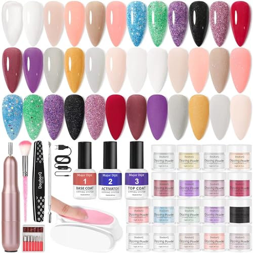 DouborQ Dip Powder Nail Kit 18 Color Nail Dipping Powder Set with Base&Top Coat&Activator ,with Electric Nail Drill,No UV/LED Needed,All-in-One DIY Nail Art Manicure Set for Beginners