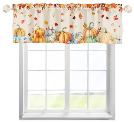 EHJOS Herbest Kürbis Ahornblätter Scheibengardine Bistrogardine mit Stangendurchzug Stores Gardinen Schals Elegant Küche Gardinen für Wohnzimmer 137x45cm,1 Stück