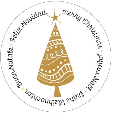 Logbuch-Verlag 200 Weihnachtssticker Frohe Weihnachten Etiketten auf Rolle international mehrsprachig Baum gold weiß Ø 5 cm