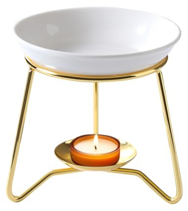 WD&CD Brûleur à Huile Essentielle en Céramique en Métal Or, Brule Parfum avec Bol en Céramique, Bruleur Fondant pour Porte Bougie Décoratif à la Maison