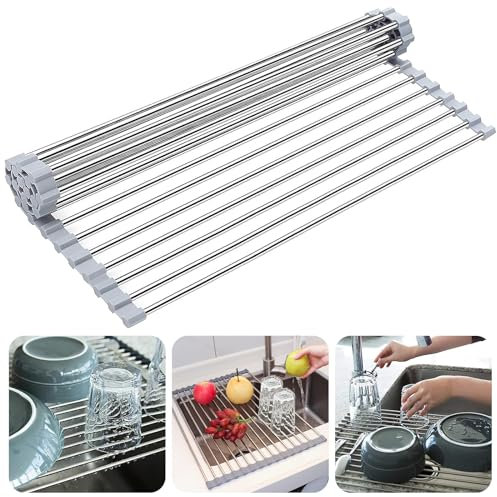 STOOKI Escurridor de Platos Escurreplatos Plegable de 43x35 cm Rejilla de Drenaje para Encimera Escurridor Fregadero Inoxidable para Secar Frutas, Verduras y Cubiertos (Gris)