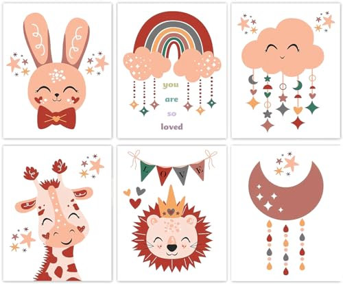Boho-Kinderzimmer-Wanddekoration, Regenbogen-Kunstdrucke, Cartoon, Löwe, Giraffe, Kaninchen, Regenbogen, Wolke, Mond, Zitate, Wandkunst, Poster, bunte Regenbogenkunst für Kinderzimmer, Babyzimmer,