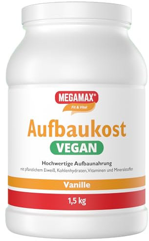 MEGAMAX Aufbaukost VEGAN Vanille 1.5 kg -Zunehmen mit vegane hochkalorische Trinknahrung Ideal zur Kräftigung und bei Untergewicht -Erbsenprotein zur fettarmen Kohlenhydrat-Eiweiß-Getränkes