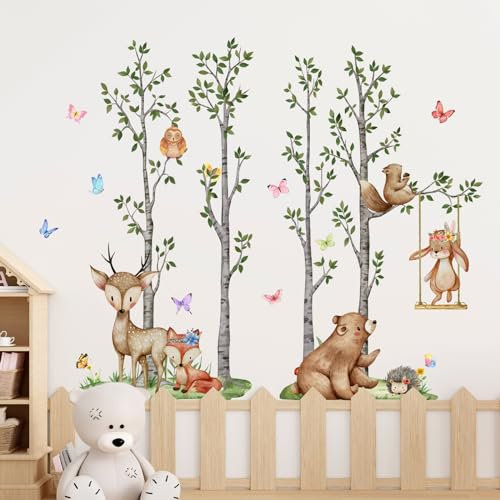 Tanlaby Waldtier Wandtattoo Birkenbaum Tier Wandsticker Eule Kaninchen Eichhörnchen Wandaufkleber Selbstklebende Abnehmbare Wandkunst Aufkleber für Kinderzimmer Schlafzimmer Spielzimmer Wanddekoration