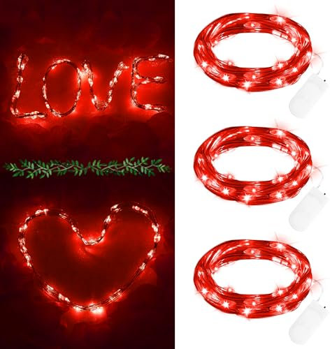FFZZKJ Valentines Decorations Red Fairy Lights Battery Operated with Batteries 6.6Ft 20LED Copper Wire String Lights with Battery for Valentine's day, Christmas Decor, Bedroom, 3 Packs, Red