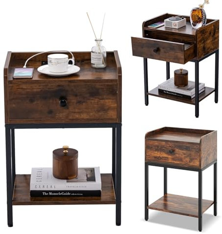 RELAX4LIFE Table de Chevet en Acier avec Tiroir & Étagère Ouverte, Table de Nuit Robuste avec Patins Réglables, Table d'Appoint Industrielle pour Salon Chambre Bureau (42x30x60CM | 1 Tiroir, 1)