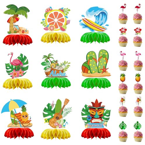 PIMXL Hawaii Deko Party, 9 Stück Hawaii Bienenwabe-Mittelstücke und 24 Stück Cupcake Topper, Flamingo Theme Table Centerpieces, 3D Tischdekorationen Partyzubehör für BBQ Tropischen Garten Party Deko