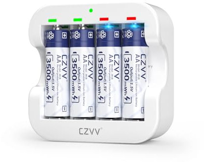 czvv Rechargeable Batteries Lithium AA 1.5V - 4 Pack High Capacity Battery 3500mWh with Ultra Fast Charger 2H - 1300 Cycle, Long-Lasting, Low Battery Reminder, Constant Output for Blink Doorbell Alarm