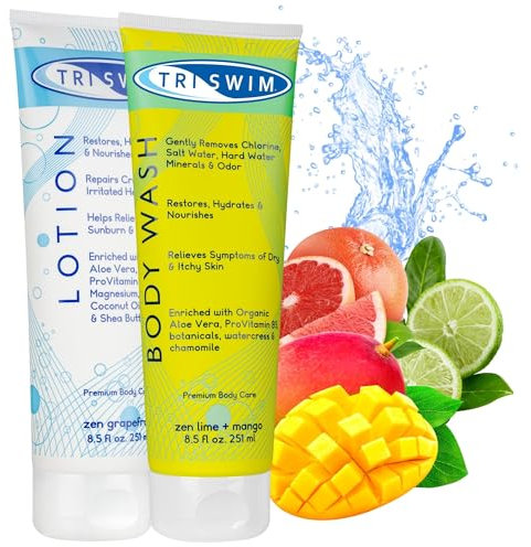 TRISWIM Ensemble de soins corporels anti-chlore pour nageurs, nettoyant et lotion pour le corps après la baignade, gel douche pour nageurs et hydratant corporel pour peau sèche - 2x251 ml