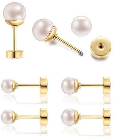 3Pairs Flat Back Dainty Pearl Earrings for Women - 14K Gold Hypoallergenic Cartilage Earring 3/4/5mm Faux Pearl Stud Earrings Screw Back Gold Stud Earrings for Women, Suitable Gifts for Women and Girl