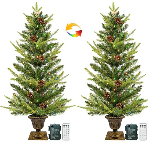 2 Pack 3Ft Artificial Potted Christmas Tree Realistic-Feel Norfolk PE&Classics PVC Mixed Pine, Fraser Fir, Warm White&Colored Change LEDs, Timer, 12 Mode, Battery Operated Pinecone Outdoor Porch Decor