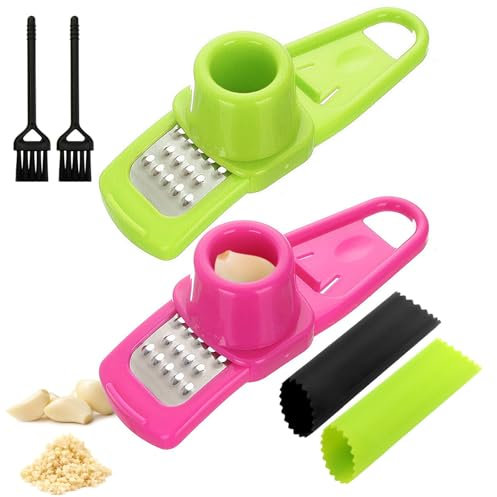 2 Molinillo De Ajo,2 Pelador De Ajo En Forma De Barril,prensa ajos,rallador de ajos, pelador,Pelador de ajos de silicona y cepillo para limpieza,cortador fácil de usar, fácil de limpiar y duradero