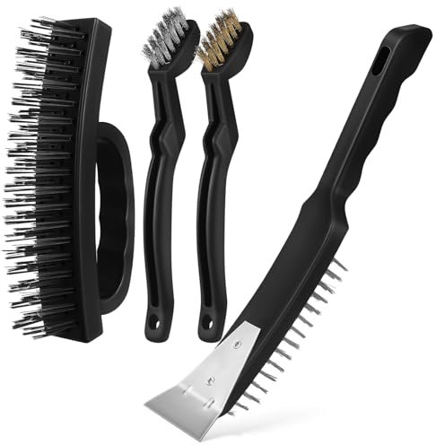 ULTECHNOVO Industrial Wire Brush Set 4 Pcs with Stainless Steel and Copper Bristles for Rust Removal Cleaning Polishing and Grinding 10.8 Inch Handle