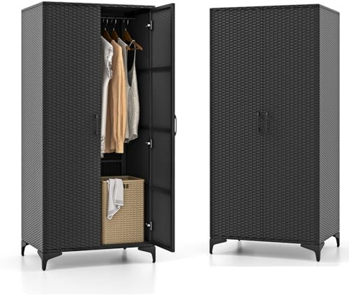 KOMFOTTEU Gartenschrank aus Rattan, Aufbewahrungsschrank mit 5 Einlegeböden & Hängeregal, Terrassenschrank Geräteschrank mit Doppeltüren, Rattanschrank 72 x 50 x 157 cm (Schwarz)