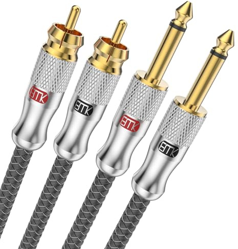 EMK Dual RCA auf Dual 1/4 Zoll Kabel, 2x Cinch auf 2x 6.35mm TS Mono Audio Kabel, Patchkabel für Verstärker, Mischpult, Lautsprecher, Gitarre, Keyboard (7m, Silber)