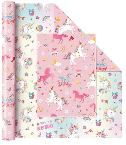 WERNNSAI Geschenkpapierrolle mit Regenbogen Einhorn – 1 Rolle 43 cm x 10 m mit zweiseitigem Happy Birthday Geschenkpapier für Mädchen Schneidepapier für Festivalpartys dekorative Kunst rosa und bunt