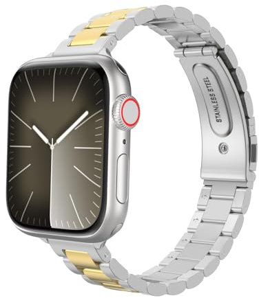 MoKo Correa de Acero Inoxidable Compatible con Apple Watch Band Ultra/Ultra2 49mm/Series 9/8/7/6/5/4/3/2/1/SE 42/44/45mm, Pulsera de Reloj Ajustable con Extractor, Plata/Dorado