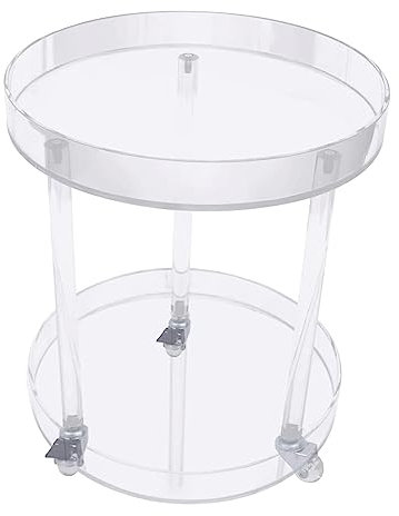 QWBDNMQP Mesa Auxiliar Beistelltisch aus transparentem Acryl mit Rollen, 2 Ebenen, Kleiner runder Beistelltisch, 16 Zoll großer Servierwagen mit Rollen, Ablagefach für Balkon, Wohnzimmer, Party, Sof