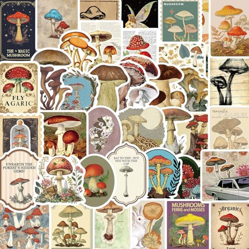 50 Stück Vintage Pilze Aufkleber Pack Vintage Mushrooms Sticker Set wasserdichte Vinyl Sticker für Laptop Kinder Autos Motorrad Fahrrad Skateboard Gepäck Koffer Computer Aufkleber Graffiti Decal