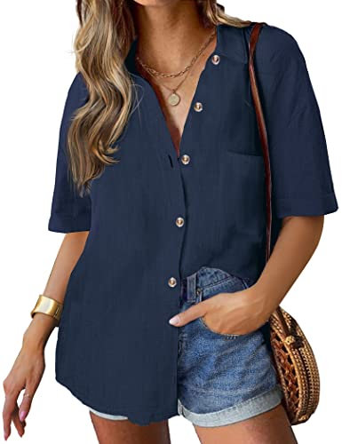 HOTOUCH Womens Blouse Cotton Shirts Casual V Neck Button Down Blouses Loose Short Sleeve Solid Color Business Shirt Office Work Tops Navy Blue L
