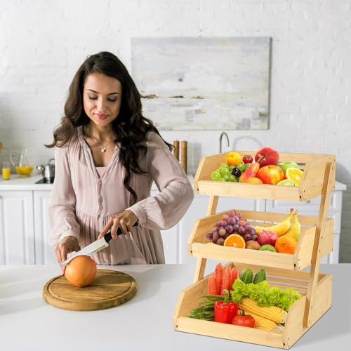 HUOLE Obstkorbständer aus Holz für Gemüse für Arbeitsplatte Küche Obstkorb aus Holz mit 3 Etagen, für Obst, Gemüse, Brot, Snacks