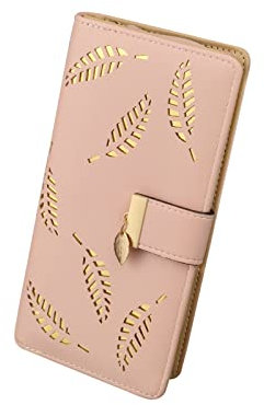 FuninCrea Porte - Monnaie Femme avec Feuille Creuse, Long Portefeuille en Cuir PU pour Femme avec Plusieurs Fentes pour Cartes, Double Portefeuille Pliant, Porte - Monnaie avec Fermeture (Rose)
