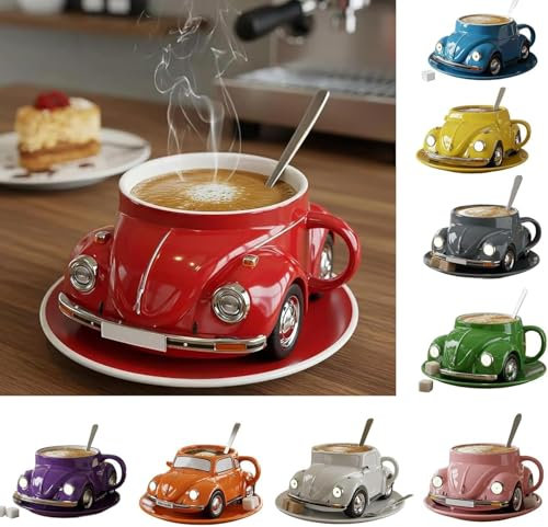 Käfer geformte Kaffeetasse, handgemachte keramische Käfer geformte Kaffeetassen, Neuheit Teetasse Home Office Dekor, Auto geformte Kaffeetasse für Auto Fans, kreative Geschenke für (Rot)