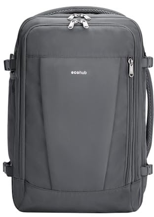 ECOHUB Rucksack 42x20x25 Handgepäck 13 Taschen Reiserucksack Flugzeug Carry-ons Wasserdichter Rucksack Damen Klein PET-Recycelte Umweltfreundliche 21L(Grau)