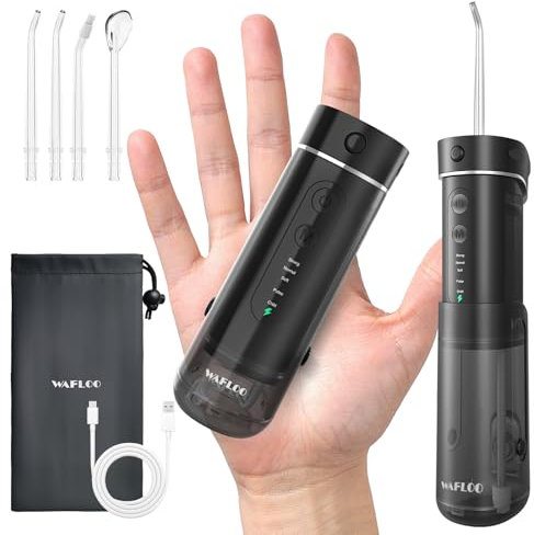 WAFLOO Kleine Munddusche für Reise, Mini Munddusche, Tragbarer Oral Irrigator mit Teleskop Wassertank, 5 Reinigungsmodi, 4 Düsen, IPX7 Wasserdicht