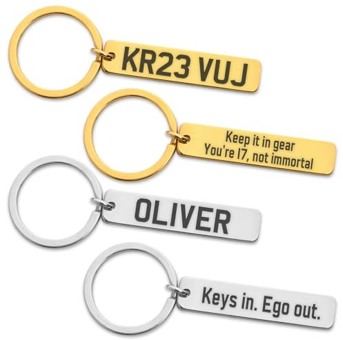 Personalised Keyring Number Plate – Custom Engraved Car Accessories Plate Keychain in Silver & Gold – Unique Gift for Car Enthusiasts
