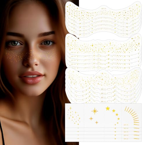 AOOWU Glitzer Gesicht Sommersprossen Tattoo, 20 Stück Goldene Sterne und Punkte Temporäre Tattoos, Glitter Freckles, Festival Freckles, Karneval Make-up Aufkleber, Henna Freckles Tattoo Folie