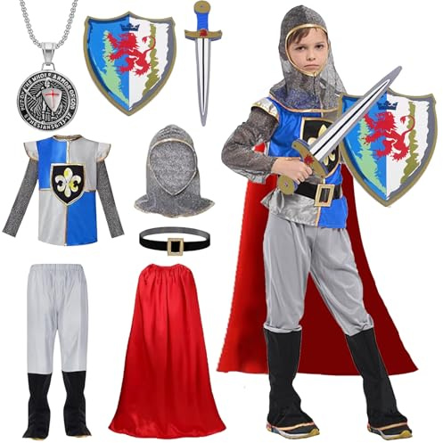 YOUYIKE Ritter Kostüm Kinder Mittelalter Kostüm & Zubehör Jungen Tragen Sie Schwert, Ritter Schild, Umhang, Halskette und Gürtel, für Fasching Cosplay Party (XL, 130-140cm)