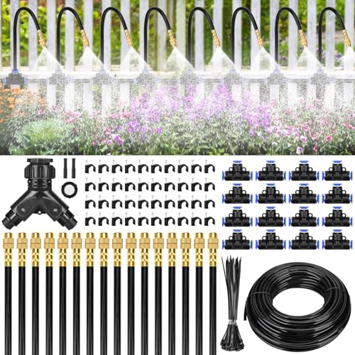 Sistema de riego, DUOJIN 100FT automático de riego de jardín, sistema de riego ajustable a 360°, con 16 aspersores de conexión rápida, tubo de liberación rápida de 1/4 pulgadas para terraza